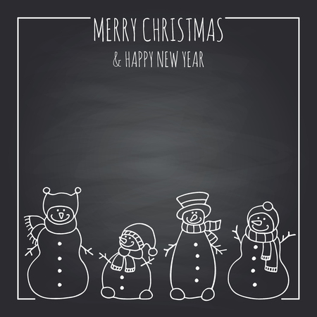 Vector illustration of funny snowmen on a black boardのイラスト素材