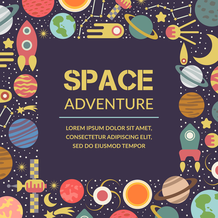 Objects of space. Symbols and design elements, spaceships, planets, stars, rocket sun satelliteのイラスト素材