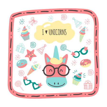 Cute hand drawn card with a unicorn Vector illustrationのイラスト素材