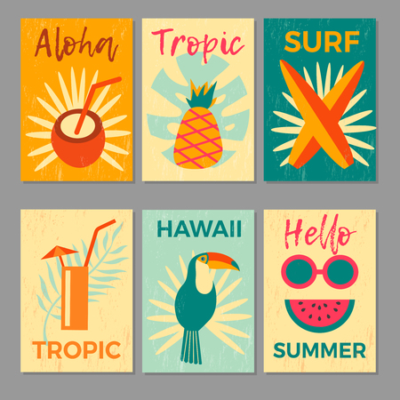 Tropical printable set. Vector cards, notes and banners with toucan, surf, cocktail, watermelon and fruits.のイラスト素材