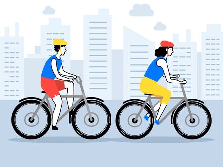 Young woman and man ride the bike in the park. Flat vector illustrationのイラスト素材
