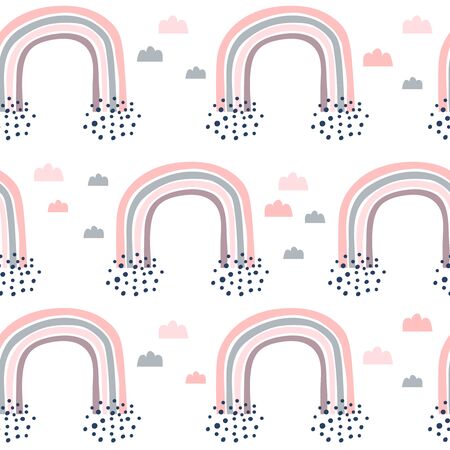 Childish seamless pattern with hand drawn rainbow and dotsのイラスト素材