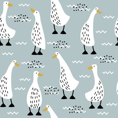 Seamless pattern with cute white funny geeseのイラスト素材