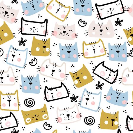 Seamless childish pattern with cute funny catsのイラスト素材