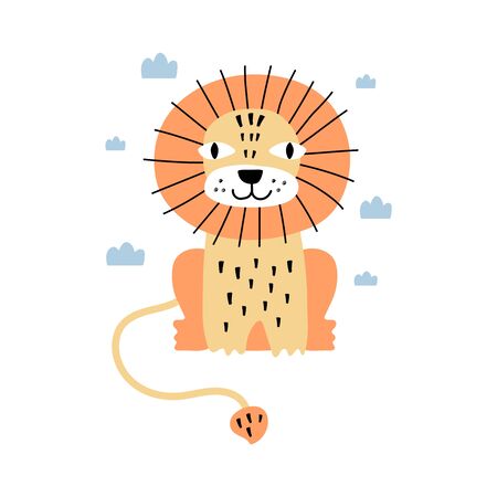 Cute cartoon lion with small clouds printのイラスト素材