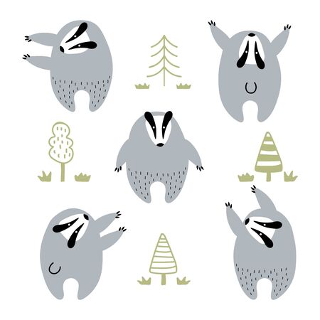 Vector set of cartoon style hand drawn flat funny badgers in different poses. Cute illustration of woodland animals for children s designのイラスト素材
