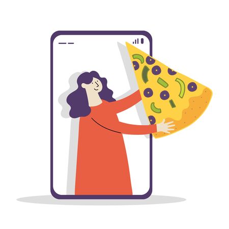 woman carries pizza in mobile app cartoon character vector illustrationのイラスト素材