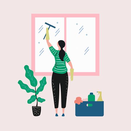 Home or Office Cleaning Company Trendy Vector Advertising Banner, Promo Poster Template. Female Worker in Overall and Rubber Gloves, Woman Doing Wet Cleaning, Mopping Apartment Floor Illustrationのイラスト素材