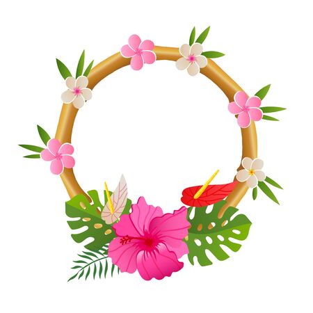 bamboo frame with tropic flower on white background vector illustrationのイラスト素材