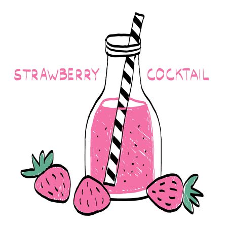 strawberry coctail in interesting cup. Superfoods and health or detox diet food concept in sketch style.のイラスト素材