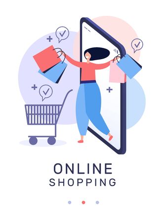 woman with packages and inscription online shopping vector illustrationのイラスト素材