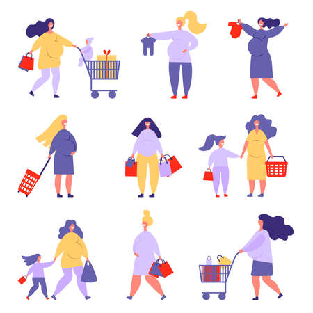 pregnant women shopping with cart and kidsのイラスト素材