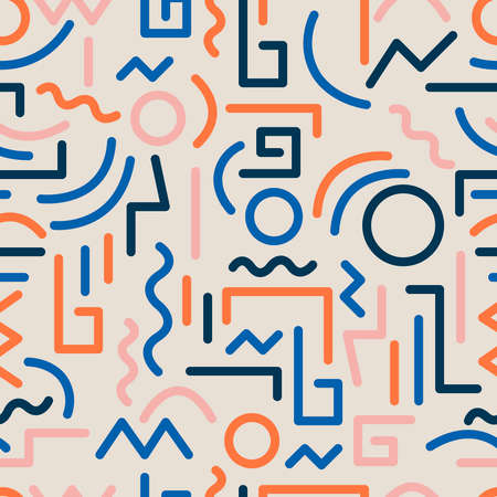 Memphis abstract seamless pattern of geometric shapes in pastel colorsのイラスト素材