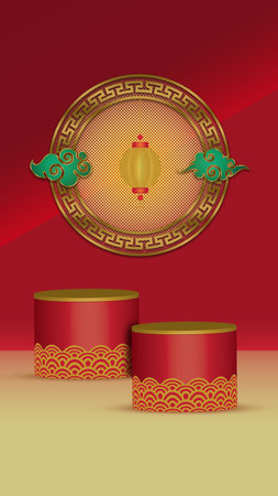 Chinese New Year red background with gold paper lanterns and oriental elements. Social Media Ads Template for Chinese New Yearの写真素材