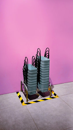 Pile of Green Shopping basket in front of purple wall