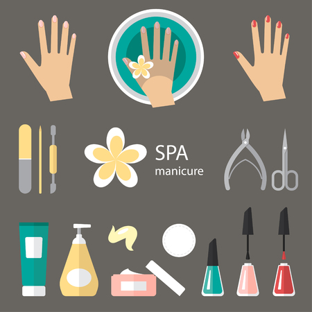 Vector set of manicure tools, cosmetics, nail polish, hands and spa manicureのイラスト素材