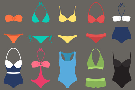 Vector various types of woman swimsuits. Flat style.のイラスト素材