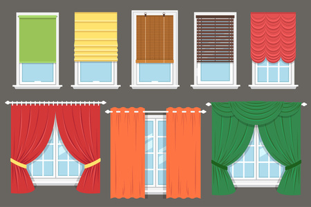 Vector collection of various window treatments: curtains, drapery, shades, blinds. Flat style.のイラスト素材