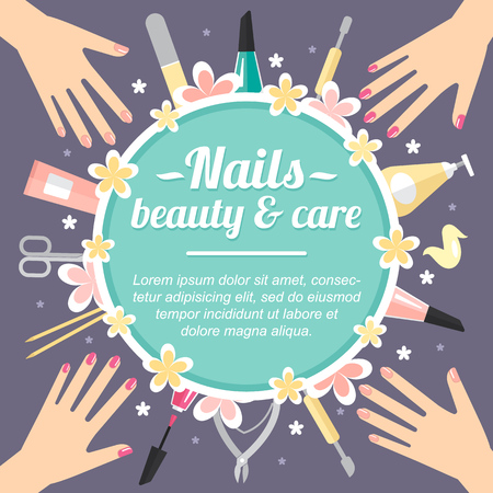 Vector manicure concept with place for your text. Template for card, banner, flyer etc. Flat style.のイラスト素材