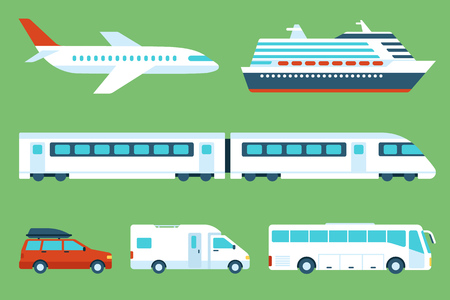 set of travel transportation: airplane, cruise liner, train, car, camping car, bus. Side view. Flat style.のイラスト素材