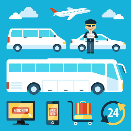 set of airport transportation service icons with chauffeur character. Flat style.のイラスト素材
