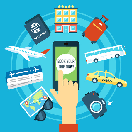 Colorful vector concept of online trip booking. For web , poster, or infographics. Flat style.のイラスト素材