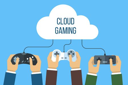 Cloud gaming concept. Hands holding joysticks connected to the cloud. Flat style.のイラスト素材