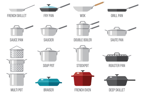 Vector set of kitchen pots and pans with lids. Flat style.のイラスト素材