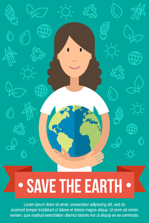 Vector template for ecology poster. Save the Earth concept. Happy young woman is hugging the Earth. Flat style.のイラスト素材