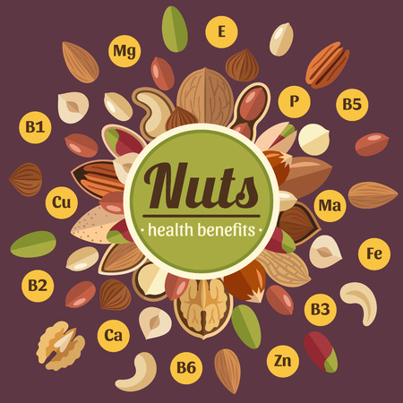 Vector poster template for the health benefits of nuts. Healthy food concept. Flat style.のイラスト素材
