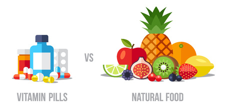 Vector illustration of vitamin pills vs. natural food. Healthy eating concept. Flat style.のイラスト素材