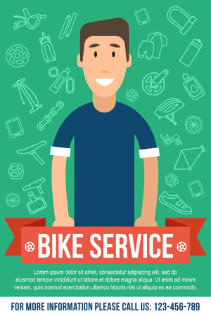 Vector template for bicycle service poster. Happy repairman in the middle. Flat style.のイラスト素材
