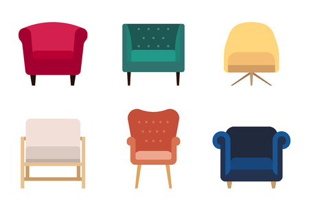 Vector set of various armchairs, different colors and designs. Flat style.のイラスト素材