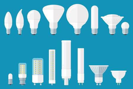 Vector set of led bulbs with different base types. Flat style.のイラスト素材