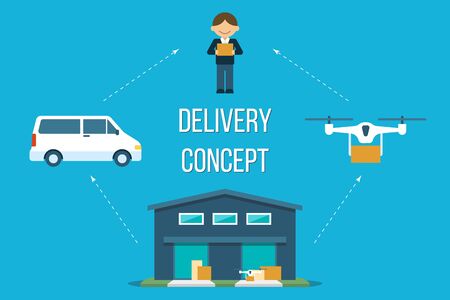 Vector delivery concept. Electric van and drone shipping from warehouse to client. Flat style.のイラスト素材