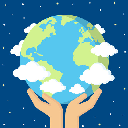 Vector illustration of human hands carefully holding the Earth in the space. Flat style.のイラスト素材