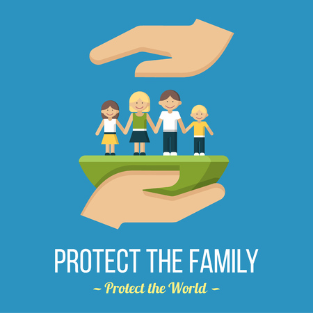 Protect the family. Vector poster or banner template. Flat style.のイラスト素材