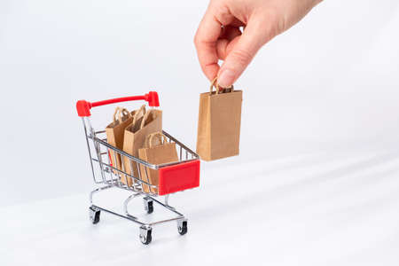 Online shopping supermarket trolley shopping bags sale store. online discountの写真素材