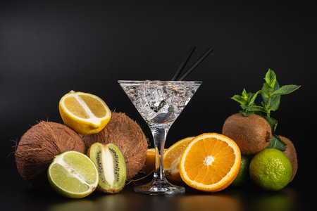 Iced cocktail, cut tropical fruits on a black background. Martini glass. Mint ice cocktail tropical beverage drink alcohol.の写真素材