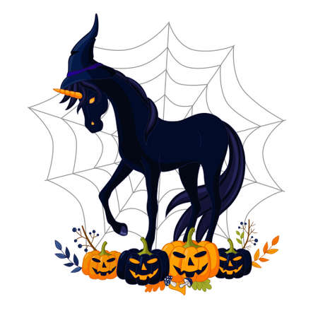 A black unicorn with Halloween scary pumpkins on a spider web background.のイラスト素材