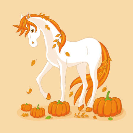 Autumn unicorn with pumpkins and leaves. Isolated object on a beige background.のイラスト素材