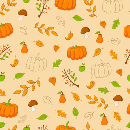 Autumn seamless texture. Pumpkins, leaves, branches, mushrooms, berries, apples, pears. For backgrounds, textiles, wallpaper, wrapping paperのイラスト素材