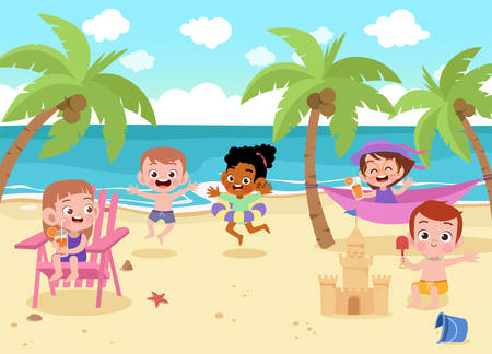children playing on the beach vector illustrationのイラスト素材