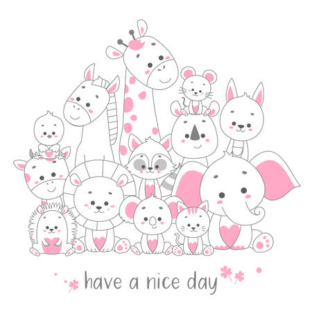 cute happy animal vector illustration setのイラスト素材