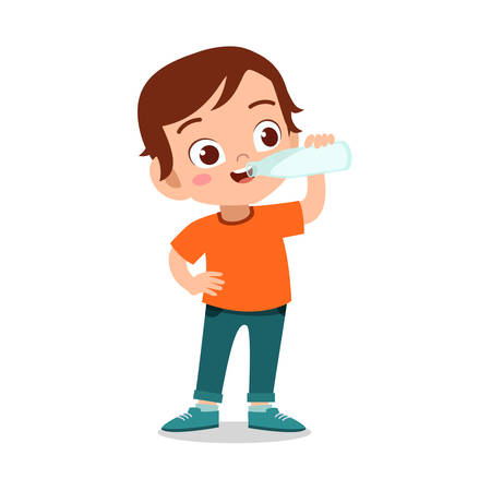 happy cute kid drink and eat vector illustrationのイラスト素材