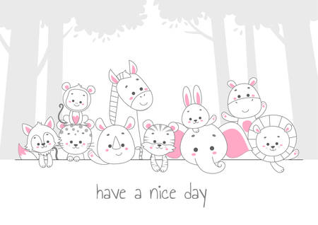 cute happy animal line art vector illustrationのイラスト素材