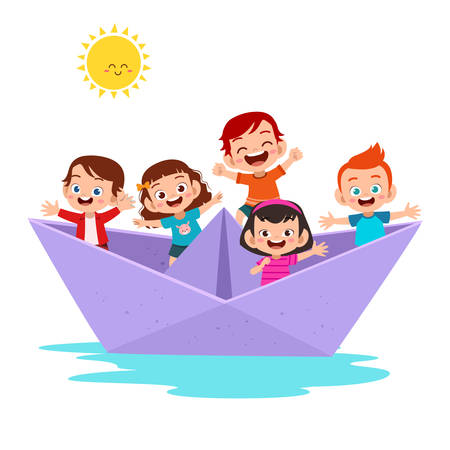 kids happy cute on the paper ship vectorのイラスト素材