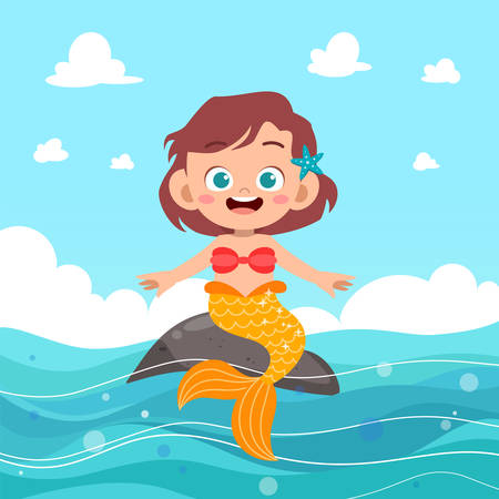 cute happy mermaid kid girl vector illustrationのイラスト素材