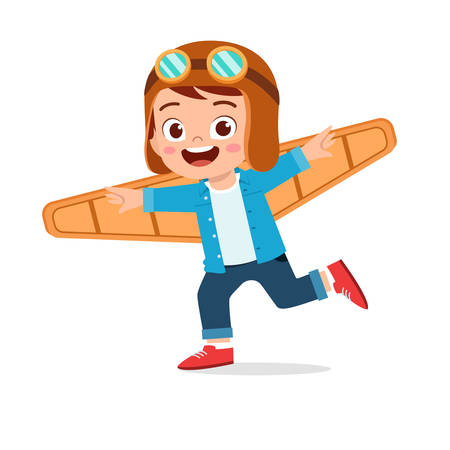 happy kid boy play toy plane cardboardのイラスト素材