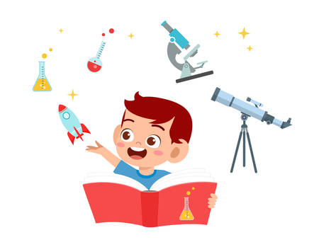 happy cute kid boy study planet and scienceのイラスト素材
